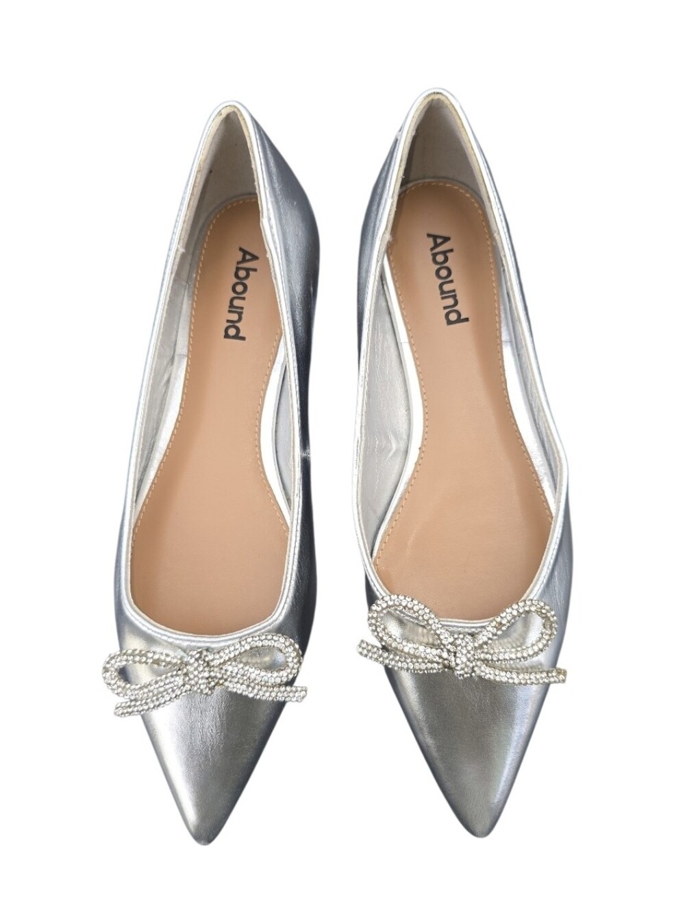 Nordstrom Abound Women’s Silver Metallic Pointed Toe Rhinestone Bow Ballet Flats